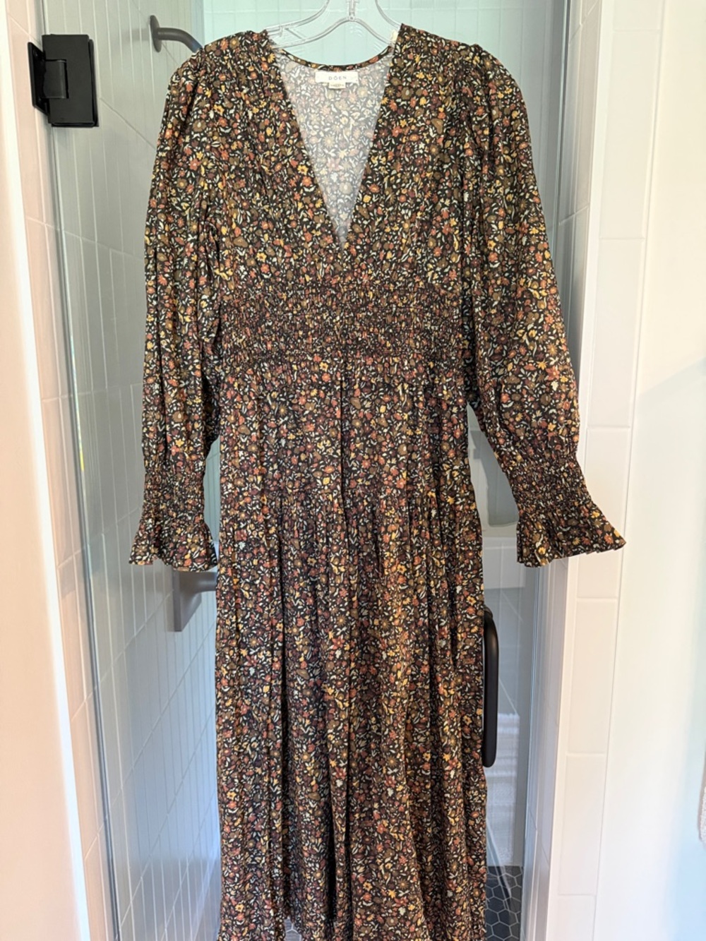 Doen Black Floral Midi Dress with Smocked Waist